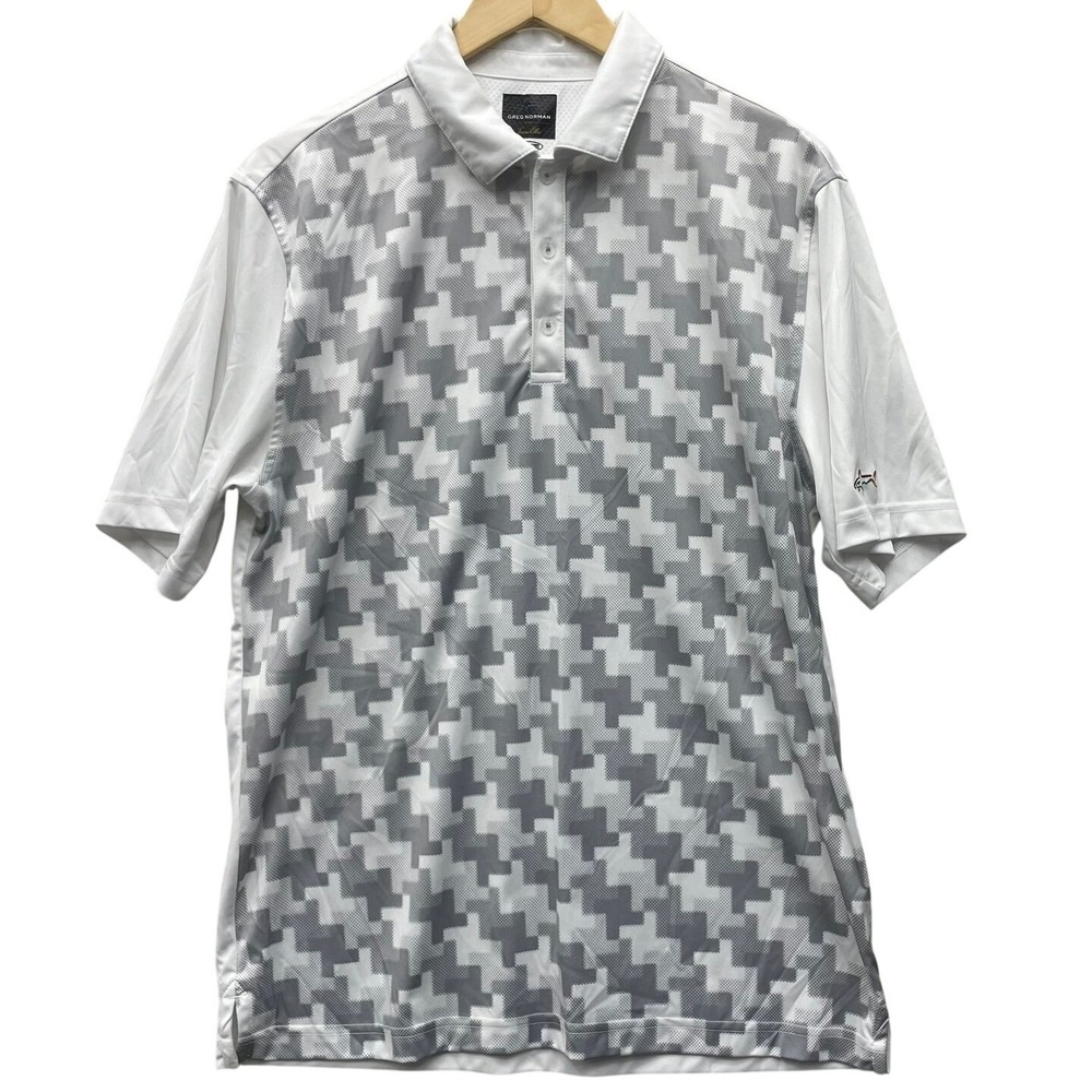 Greg Norman Tasso Elba Medium White Grey Houndstooth Play Dry Golf Polo Shirt